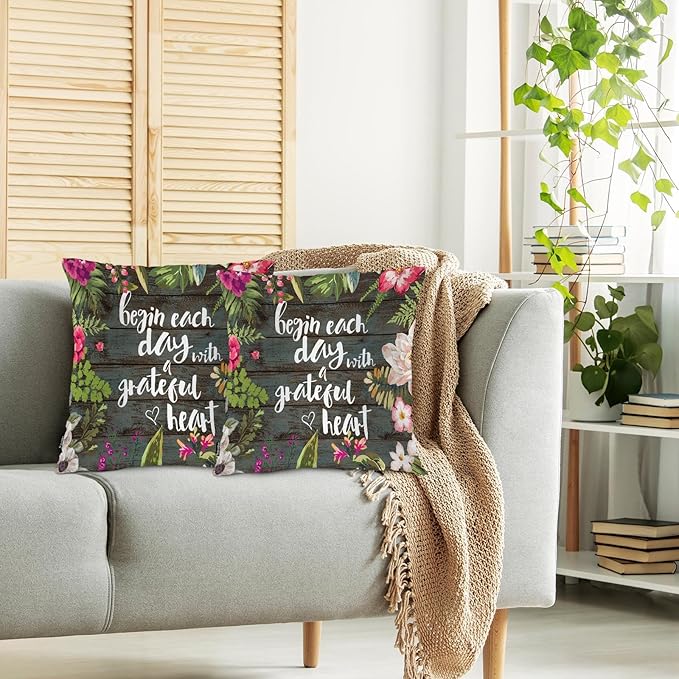 Swono Funny Quote 2Pcs Throw Pillow Covers for Men Women, Begin Each Day with Grateful Heart Bedding Pillowcase 18 X 18 Inch, Flowers Wood Decorative Pillow Cushion Cover for Couch Sofa Bed Home