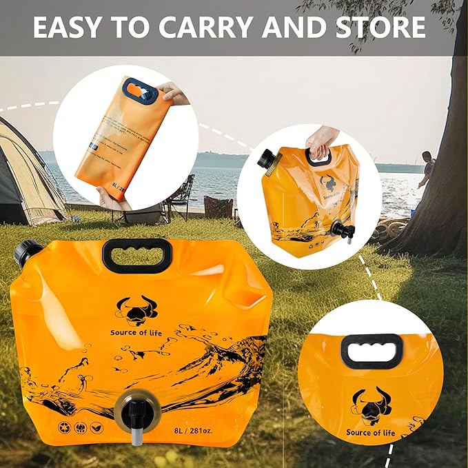 Collapsible 8L Water Storage Bag, BPA-Free Portable Folding Water Jug with Adjustable Faucet, Leakproof Emergency Water Bag for Camping, Hiking, Riding, Outdoor Sport (1, Orange)