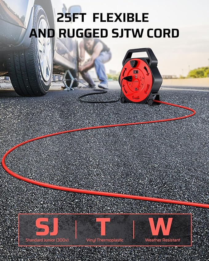 DEWENWILS Cord Reel with 4 Power Outlets, 2-USB Ports(3.4A Fast Charge), 25FT Retractable Extension Cord Reel, Heavy Duty SJTW 16/3 Cable, 13A Circuit Breaker, Hand Wind, UL Listed
