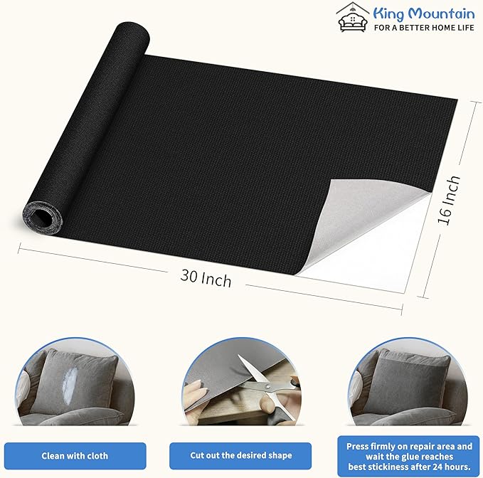 KING MOUNTAIN Canvas Repair Patch 16×30 Inch Self-Adhesive Waterproof Fabric Patch for Sofas, Tents, Furniture,Tote Bags, Car Seats (Black)