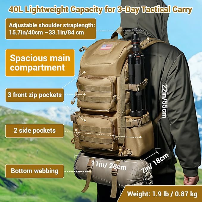 kokkoya Lightweight Tactical Backpacks with Laptop Compartment for Men 40L EDC MOLLE Military Style 17 in Computer with Cup Holder Travel Hiking Daypack
