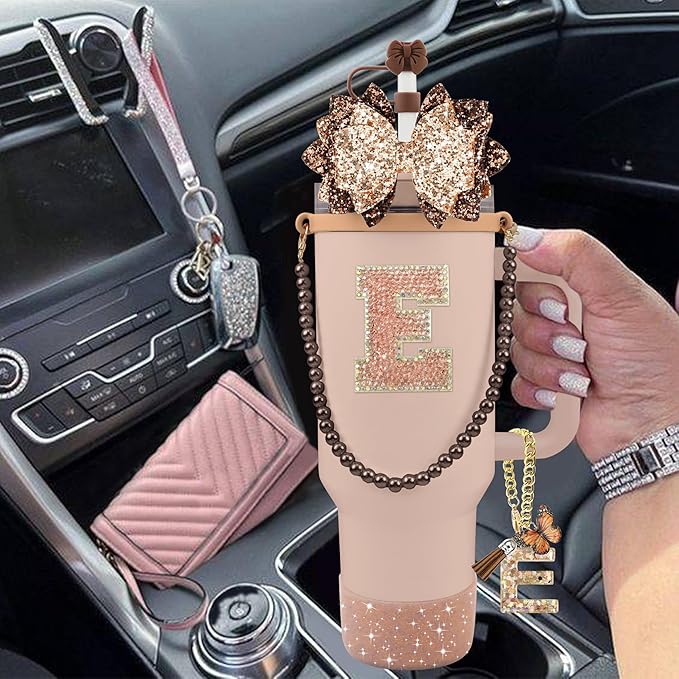 9PCS Brown for Stanley Cup Accessories Set Bling Initials Bow Charms for Stanley Decorations 30/40 Oz Tumbler Accessories Including Bow Straw Topper, Handle Strap, Spill Stopper（Letter E）