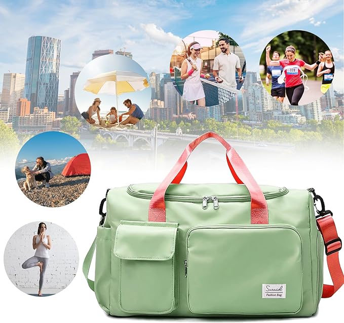 Suruid Travel Duffel Bag with Shoes Compartment Sports Gym Bag with Dry Wet Separated Pocket for Men and Women, Overnight Bag Weekender Bag Training Handbag Yoga Bag - Bright Green Pink