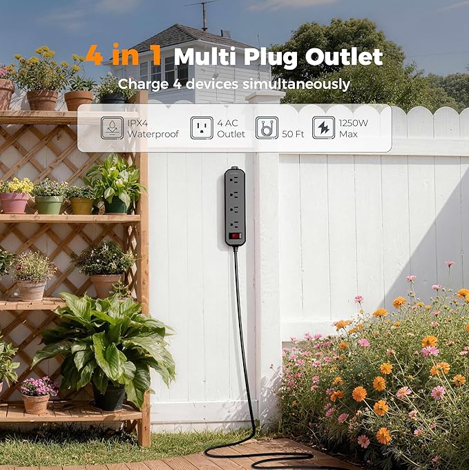 TESSAN Outdoor Power Strip Weatherproof, 50FT Extension Cord Waterproof with 4 Outlets 1 Switch (1250W), Surge Protector 1700J, Wall Mountable for Home Office and Patio Christmas Lights, Black