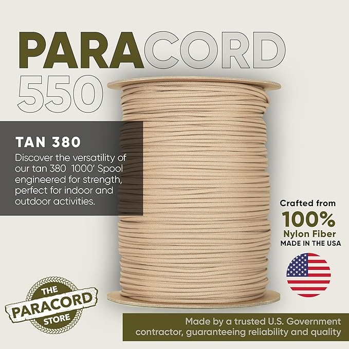 The Paracord Store | Type III 550 Paracord - 250 FT Spool, Tan 380 | Heavy Duty 7 Strand Tactical Paracord - USA Made Nylon Outdoor Parachute Cord for Camping, Fishing & More - Survival Cord