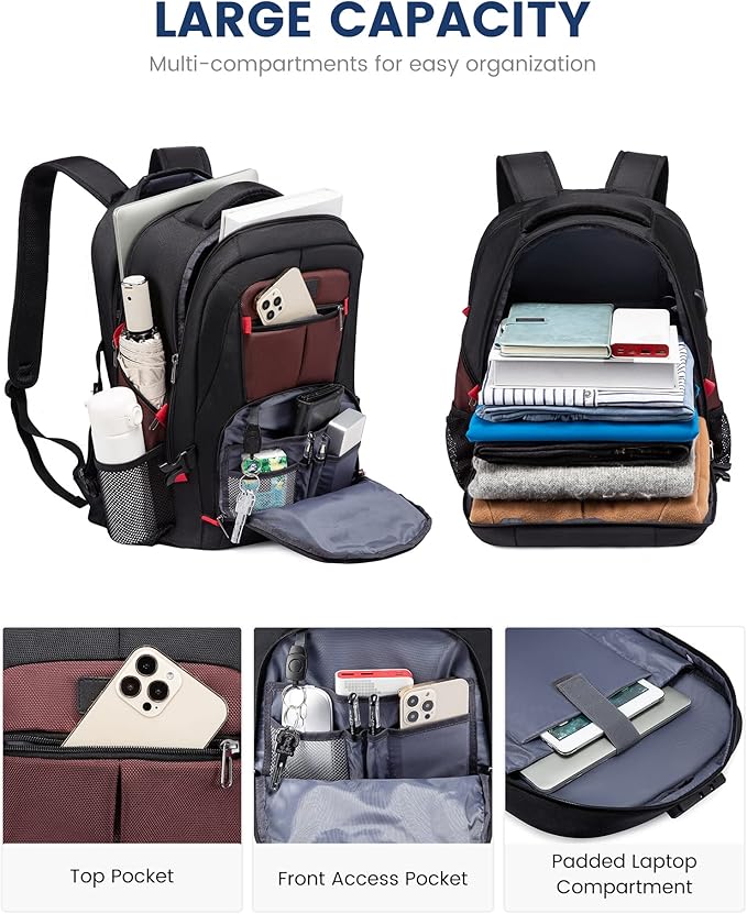 LOVEVOOK Travel Backpack for Men 17inch Large Work Backpack for Men Large Capacity Lockable Mochilas para Hombres Waterproof Computer Backpack for Work Business Travel College (17 inch,Black&Brown)