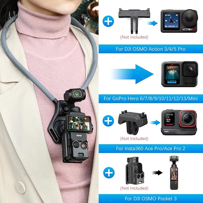 AMAZEAR Magnetic Neck Holder for DJI OSMO Pocket 4/3 Action 6 Insta 360 X5 Camera Accessory, Comfortable Hands-Free Chest Mount First-Personal POV VLOG, for Go-Pro, for Xtra Edge Muse