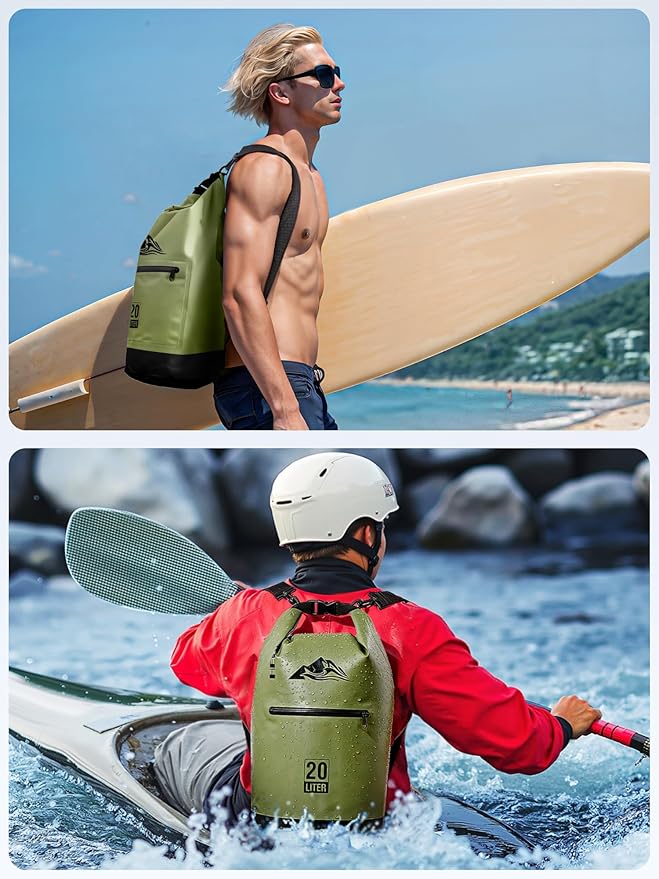 HEETA Waterproof Dry Bag with Front Zippered Pocket for Women Men, 5L/10L/20L/30L/40L Roll Top Lightweight Dry Storage Bag Backpack for Travel, Kayaking, Boating, Rafting, Camping, Hiking & Beach