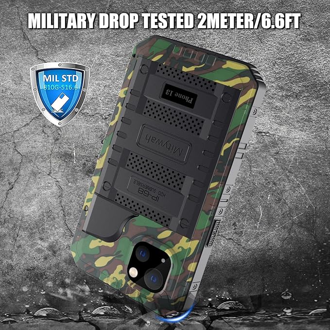 Mitywah Waterproof Case for iPhone 13, Heavy Duty Military Grade Protection Phone Case with Built-in Screen Protector, 360° Full Body Protection Metal Armor Dropproof Case 6.1 inch, Camouflage