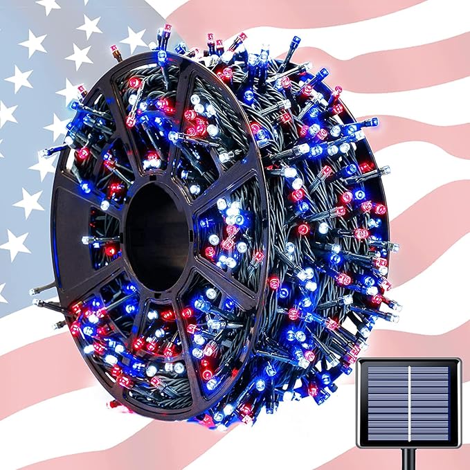 JMEXSUSS 600 LED 4th of July Decorations Solar Lights, 206.7ft Red White and Blue Lights Outdoor Waterproof, 8 Modes Patriotic Solar String Light for Independence Day Tree Camper Party Patio Decor