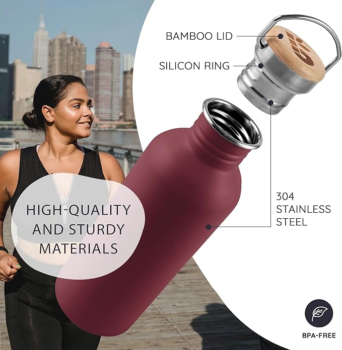Bambaw 750 ml Metal Water Bottle, Red Sports Bottle, Non-Insulated Stainless Steel Bottle 750 ml, BPA-Free and Reusable – Cherry Red