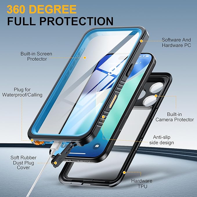 ANTSHARE for iPhone 17 Pro Case, IP68 Waterproof Shockproof Case, [Built-in Screen Protector] - 12 FT Military Dropproof - Full Body Heavy Duty Rugged Phone Cover 6.3 inches - Blue/Clear