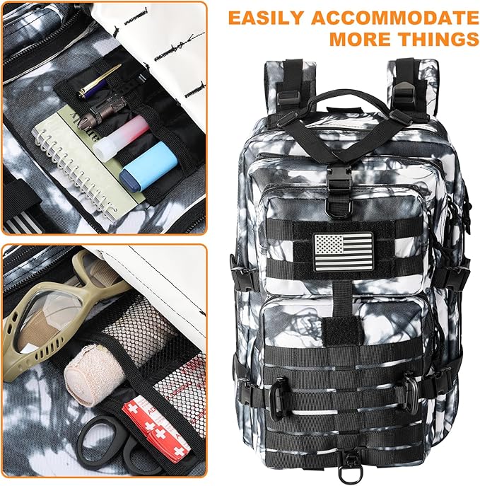 Hannibal Tactical MOLLE Assault Backpack, Tactical Backpack Military Army Camping Rucksack, 3-Day Pack Trip w/USA Flag Patch, D-Rings, Black White camo