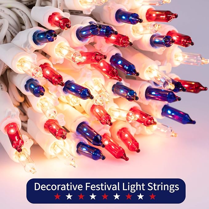 4th of July Decoration Patriotic Mini Lights - 200 Count 40 Feet Red White Blue Incandescent Bulb Waterproof String Lights Plug in for Indoor Outdoor Christmas Party Patio Independence Day Decoration