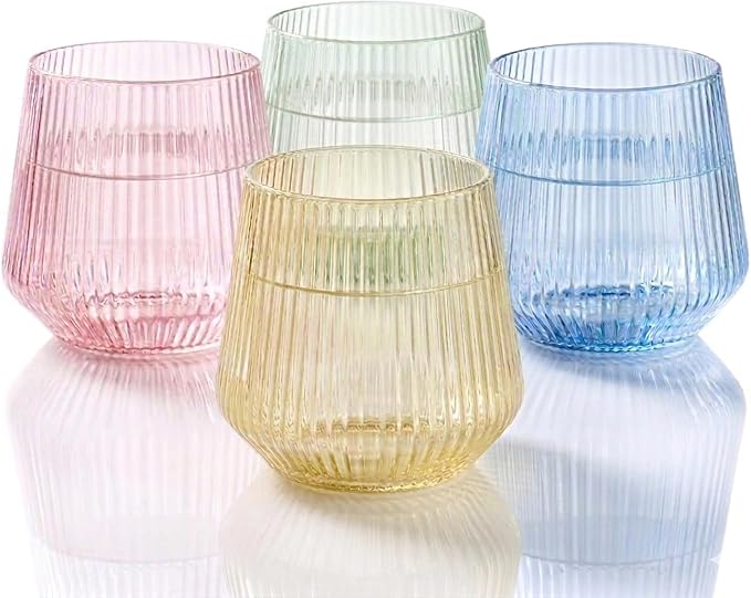 Oojami 40 Pack Origami Ribbed Stemless Plastic Wine Glasses 12 oz - Shatterproof BPA-Free Disposable Recyclable Unbreakable Ripple Cups for Champagne Whiskey Cocktail, Wedding Party (Color Collection)