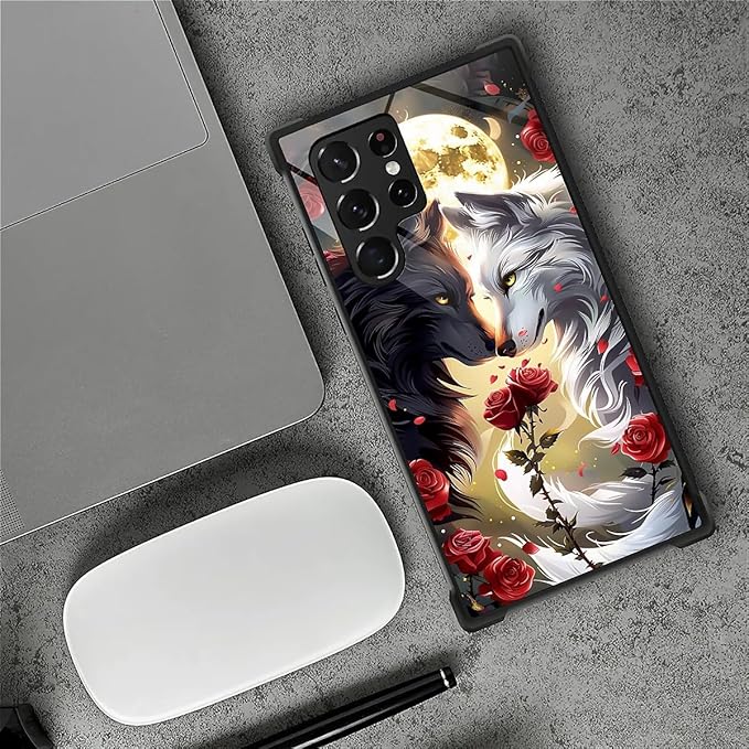 for Samsung Galaxy S22 Ultra Case, Black White Wolf Moon Flower Rose Pattern Graphic Design Girl Boy Soft Silicone Hard Acrylic Shock Protection for Samsung Galaxy S22 Ultra