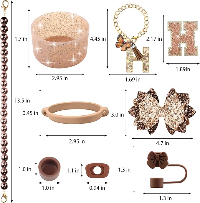 9PCS Brown for Stanley Cup Accessories Set Bling Initials Bow Charms for Stanley Decorations 30/40 Oz Tumbler Accessories Including Bow Straw Topper, Handle Strap, Spill Stopper（Letter H）