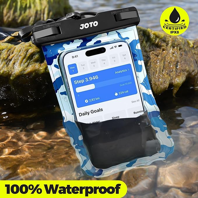 JOTO Up to 7" Universal Waterproof Phone Case for iPhone 17 Air 16 15 14 13 12 11 Plus Pro Max, IPX8 Cellphone Dry Bag XR X SE, Galaxy S23 S22 S21 S20+ S20 S10 Plus Note, Pixel -CamoBlue