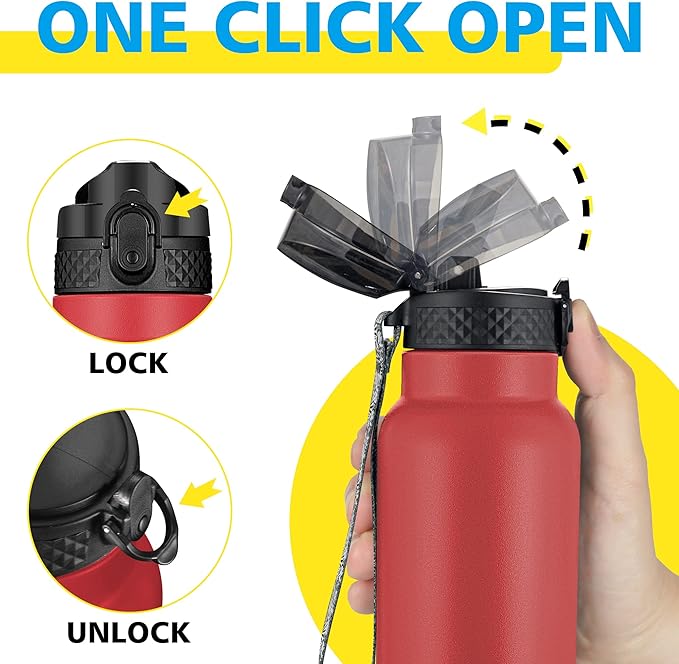 Han's Bottle Sports Water Bottle - 32 Oz, Straw Lid, Leak Proof, Vacuum Insulated Stainless Steel, Double Walled, Thermo Mug,Red