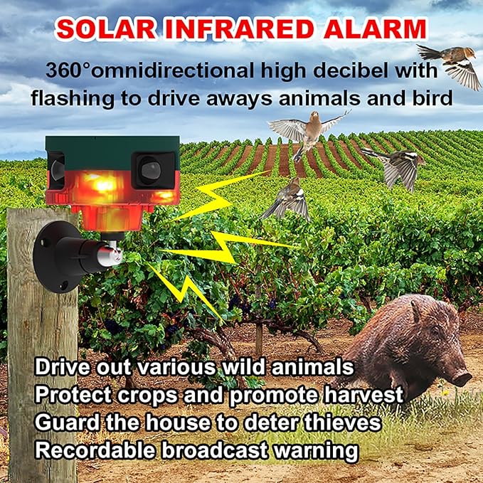 Solar Sensor Security Alarm Lights Outdoor, 360° Motion Detector LED Flashing Strobe Light Warning Lamp Built-in 13Sounds,129db Loud Siren Sound for Home Farm Barn Villa Yard (Red-1)