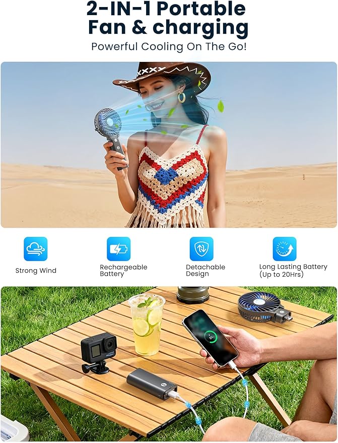HandFan 5200mAh Portable Handheld Fan Rechargeable - 3 Speeds Foldable Personal Cooling, 2-IN-1 Hand Held Fan Battery Operated, 20H Runtime for Disney/Travel/Summer/Concerts/Women (Black&Blue)