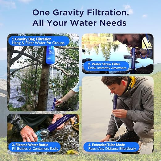 Membrane Solutions Gravity Water Filter Pro 6L, NSF/ANSI 42&372&401 Certified, 0.1 μm Versatile Water Purifier Camping with Adjustable Tree Strap Storage Bag, Survival Gear for Emergency Preparedness