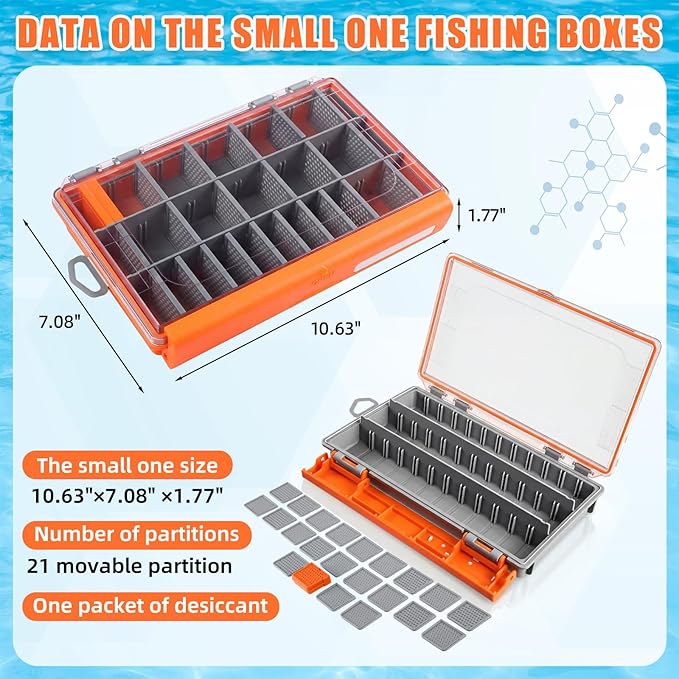 Junkin 6 Pack 3600 Fishing Tackle Boxes Waterproof, High-vis Orange Lure Organizer Trays with Removable Dividers, Airtight Bait Storage Case for Bass Fishing Backpacks & Kayak Gear Accessories