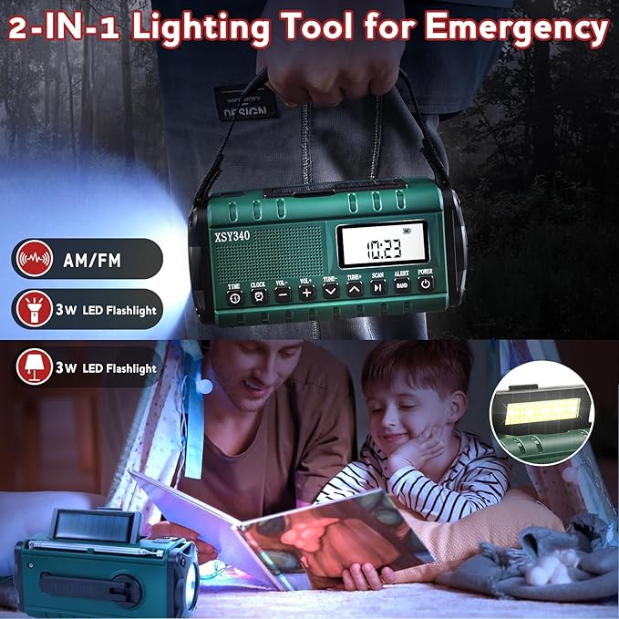 Emergency NOAA Weather Alert Radio with Solar & Hand Crank USB-C Charging Portable AM/FM Radio 3W Flashlight, Reading Lamp, Cell Phone Charger, SOS for Hurricane, Storm, Camping Emergencies