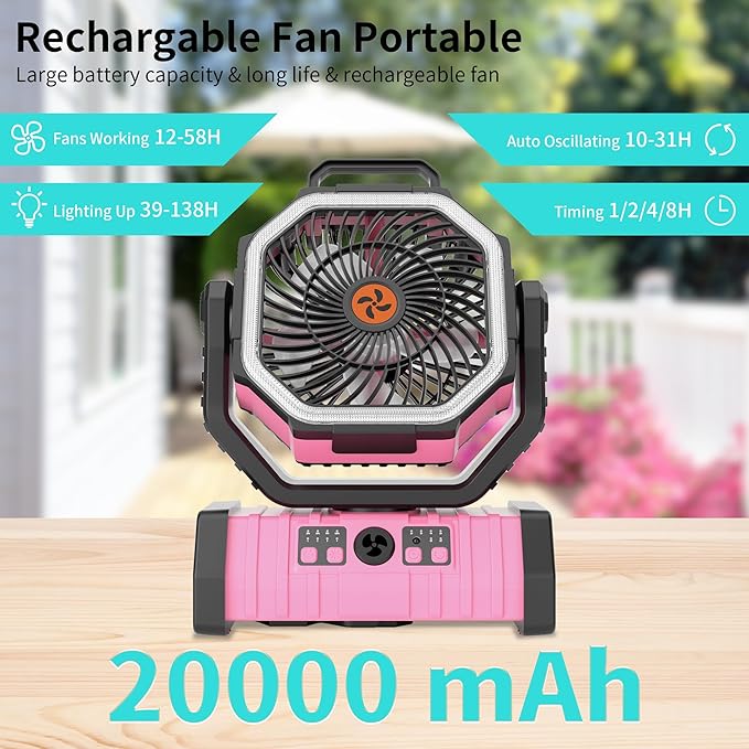 20000mAh Camping Fan Battery Operated Fans Portable,Portable Rechargeable Battery Powered Fan with LED Light,360°Oscillating & 8H Timer Camping Essentials Fans with Hook pink fan