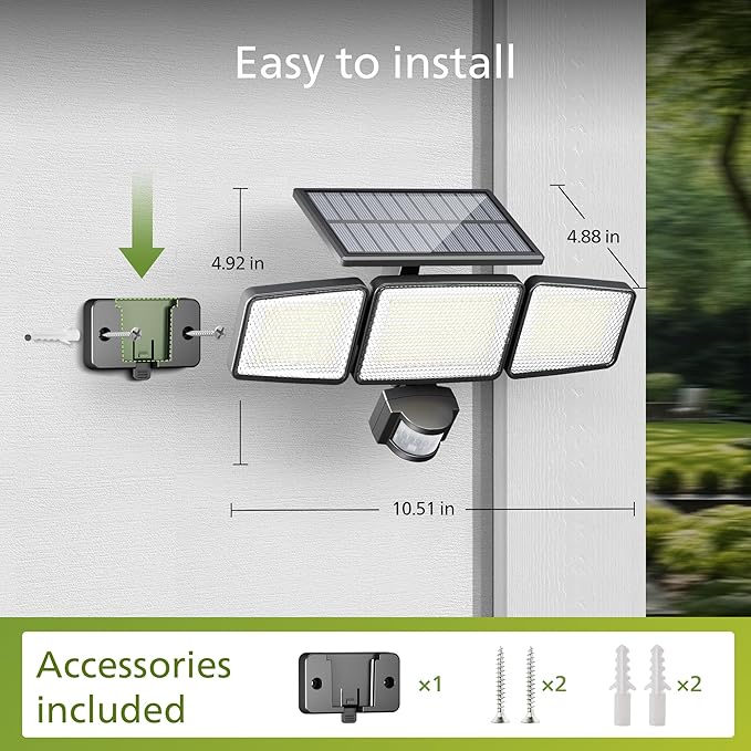 Philips Solar Security Light Outdoor 302 LED 1200lm，Solar-Powered Waterproof Wall-Mounted Flood Light w/PIR Motion Sensor, 3 Heads, IP65 Waterproof, 3 Modes 6 Packs