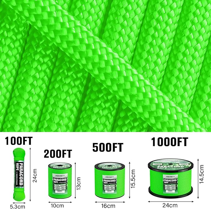 Paracord Rope 750 - Parachute para Cord 4mm 11 Strand Spool Rope Utility Nylon String for Outdoor Camping Survival Utility Tent Crafting DIY Projects - Neongreen 100ft