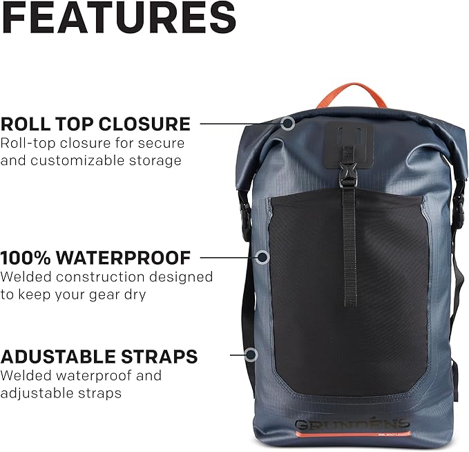 Grundéns Bootlegger Roll Top Backpack, Waterproof, 30L, Dark Navy