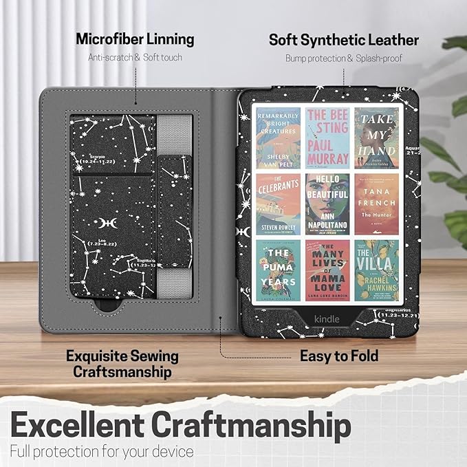 TNP Stand Case for Kindle Paperwhite 12th Generation 2024 / Kindle Colorsoft Signature Edition with Hand Strap & Card Slot - 7" PU Leather Protective Folio Cover with Auto Wake/Sleep, Constellation