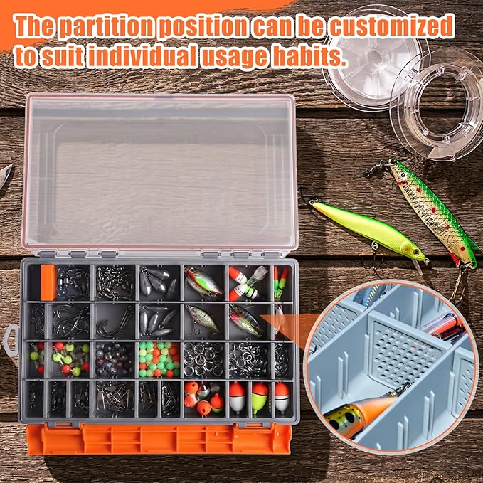 Junkin 6 Pack 3700 Fishing Tackle Boxes Waterproof, Large Orange Lure Organizer Trays with Custom Dividers, Airtight Tackle Storage Case for Saltwater Baits, Swimbaits & Boat Bag Accessories