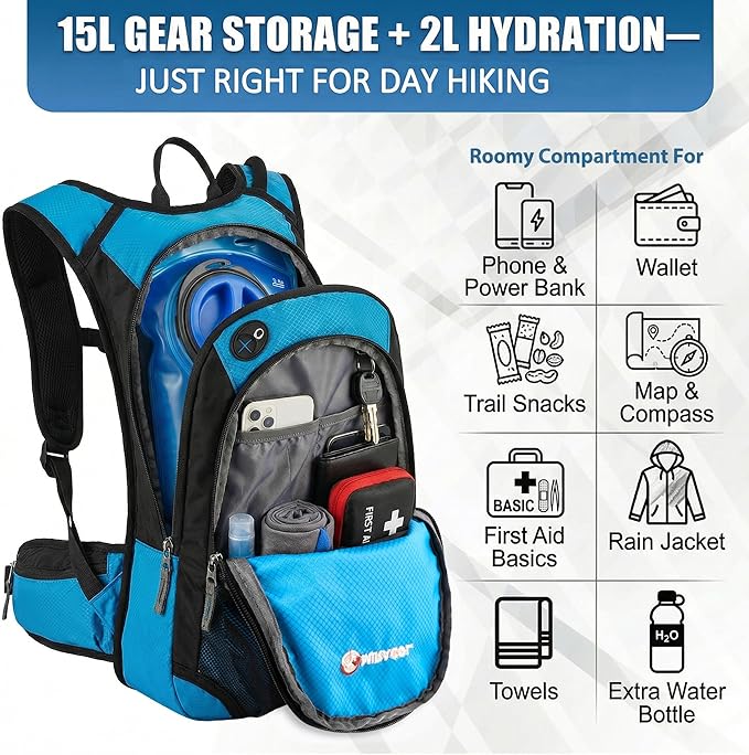 Miracol Hiking Hydration Backpack with Bladder: 2L Water Reservoir for 8H Hydration - Insulated Keep Water Cold 4 Hours - Adjustable Straps Comfortable for Day Hiking/Cycling/Half Marathon (Blue)