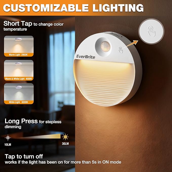 EverBrite Rechargeable Round Motion Sensor LED Night Light, Motion Activated LED Night Light with 3 Lighting Modes, Touch Control, 3 Color Temperatures & Dimmable, for Hallway, Bedroom, 2 Pack
