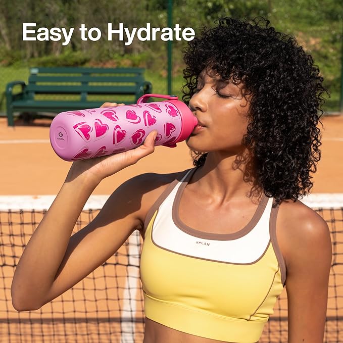 ENCOOL Valentine's Day Insulated Water Bottle with Straw Stainless Steel Water Bottle, Leak-Proof, BPA-Free, Keeps Cold for 24 Hours for Sports, Travel, School (26 oz, Sketch Hearts Pink x Pink)