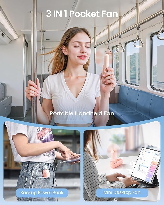 Gaiatop Portable Handheld Fan, 3 in 1 Mini Fan Handheld [17h Max Cooling], Foldable Personal Fans Pocket Design, USB Travel Fans Portable, Lash Trip Summer Essential Cute Gifts for Women Girl, Pink
