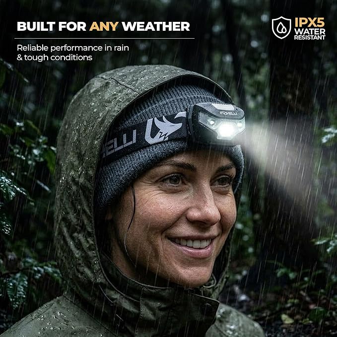 Foxelli USB-C Rechargeable LED Headlamp – Super Bright, Lightweight Head Lamp for Running, Camping, Hiking & Work – Comfortable Fit for Adults & Kids
