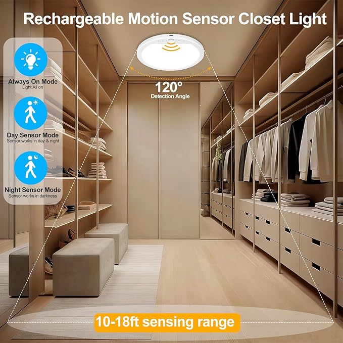OSIDEN Rechargeable Motion Sensor Ceiling Light with Remote Wireless Magnetic Stick on Closet Light Battery Operated Ceiling Lights for Shower Shed Hallway Porch Stairs Garage