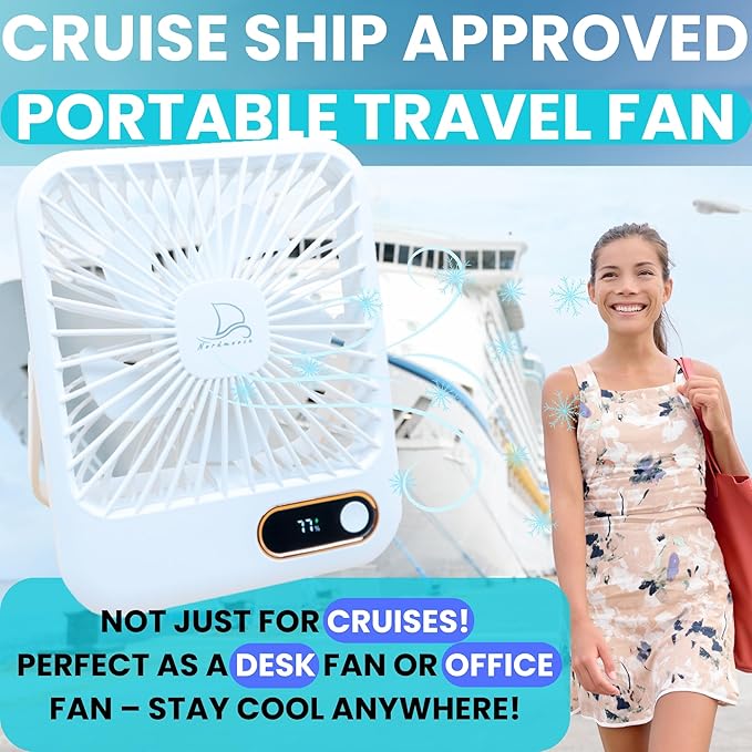 Cruise Fan Cabin Approved Carnival & Royal Carribbean Essentials With Magnetic Hook - Rechargeable Long Battery Life, USB-A & USB-C - Small Desk Fan - Folding & Portable, Plug-In And Battery Powered