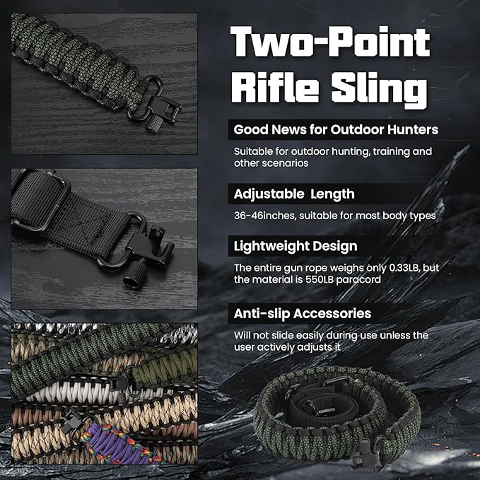 Double Braide 550LB Shotgun Sling 2 Point Paracord Rifle Sling,Non-Slip Traditional Adjustable Gun Sling for Hunting Shooting Camping
