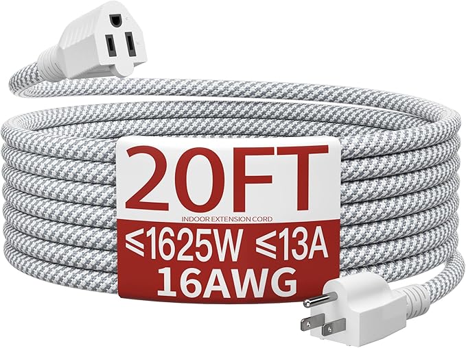 16/3 Braided Extension Cord 20 FT, Braided Extension Cord Flexible & Durable, Indoor 3 Prong Power Cable, Suitable for Home and Office, 13 Amp 1625 Watt 125VAC 16AWG, ETL Listed