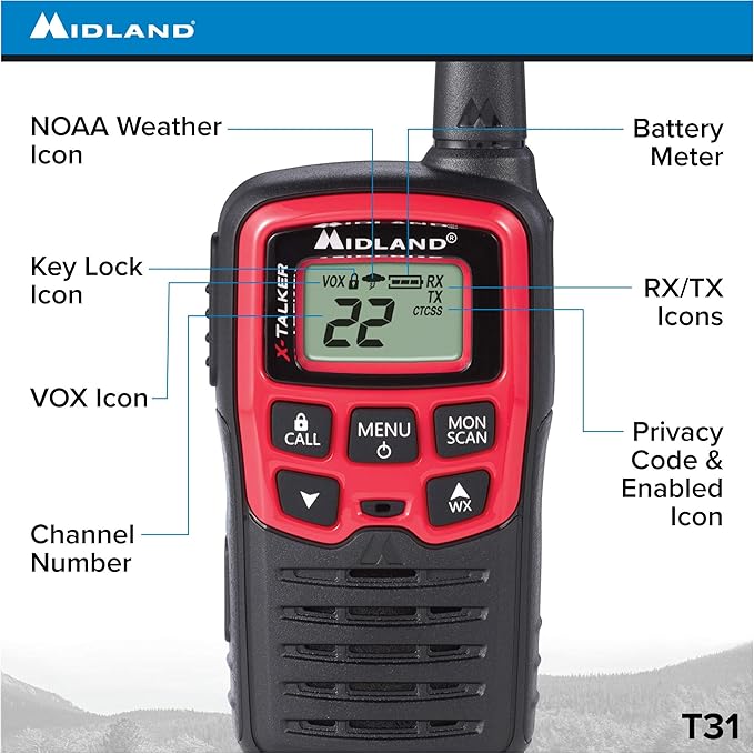 Midland T31VP 22 Channel FRS Walkie Talkie - Up to 26 Mile Range Two-Way Radio - Red/Black (Pack of 4)