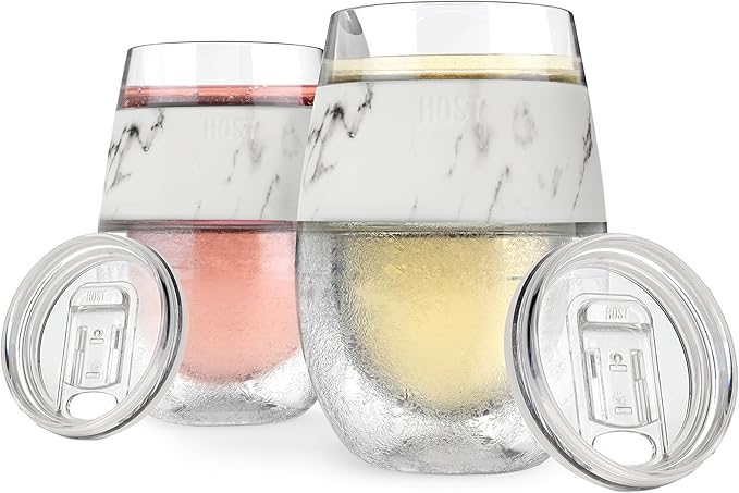 Host Freeze On the Go Stemless Wine Glasses with Lids for Red and White Wines, Double Wall Insulated Drink Chiller Tumblers for Travel, Outdoor Gifts for Women and Moms, 8.5 oz, Set of 2, Marble