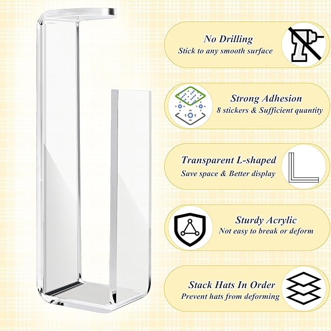4 Pack Acrylic Hat Organizer for Baseball Caps, Clear Sticky Hat Rack for Wall with 8Pcs Strong Adhesive, Multi-purpose Wall Mounted Hat Hooks, Sturdy Hat Holder for Door & Closet