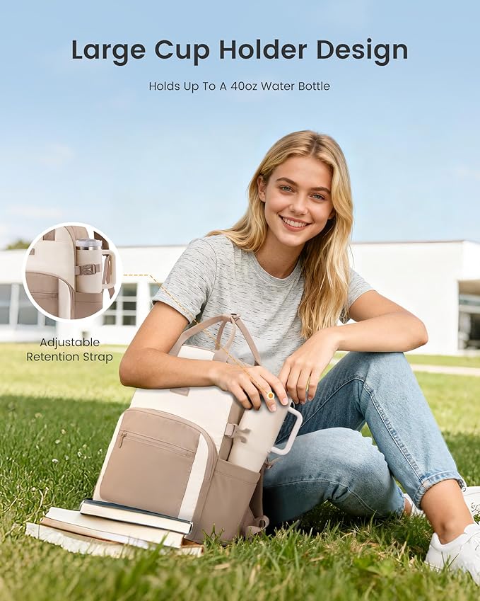 LOVEVOOK Laptop Backpack for Women - Stylish Work Backpack with Large Cup Holder, Waterproof College Teacher Backpack, Beige-Khaki, 15.6Inch