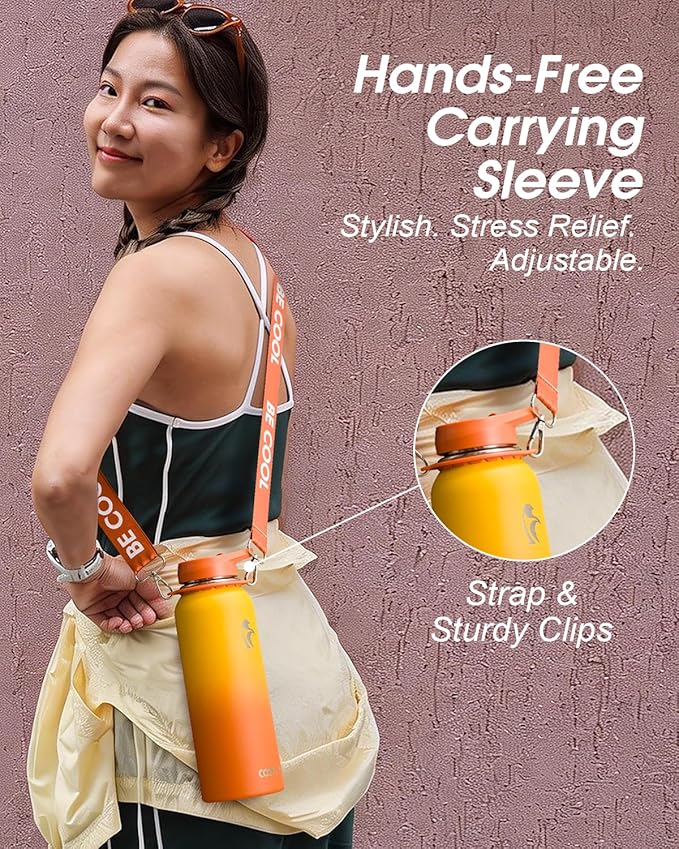 Coolflask Water Bottle with Straw, 40 oz Insulated Metal Water Flask with Straw & Spout Lids, Stainless Steel Double Wall Vacuum, Keep Cold 48h Hot 24h, Leak Proof, BPA-Free, Yellow/Orange