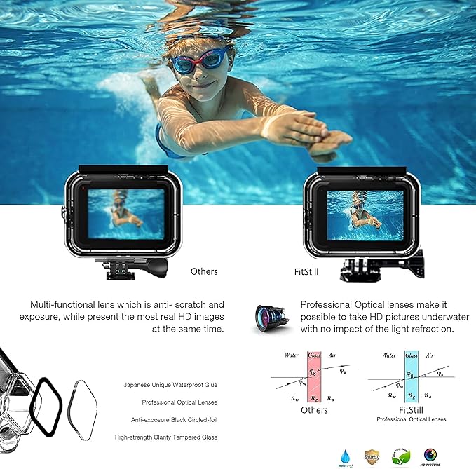 FitStill 196FT/60M Waterproof Case Compatible for DJI Osmo Action 5 Pro Action 4 Action 3,Underwater Diving Protective Cover Cage Shell Accessories Invisible Dive Housing for Action 5 Pro/4/3 Camera