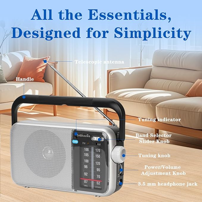 AM FM Radio Portable, Transistor Radio, Battery Powered or Mains Operated, Battery Radio with Robust Reception and Built in Speaker, Suitable for Home and Outdoor